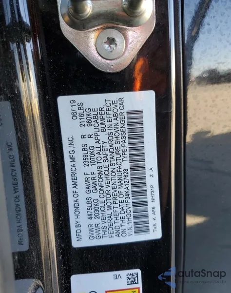 2019 Honda Accord Sport z USA, uszkodzony, nr VIN 1HGCV1F34KA127628